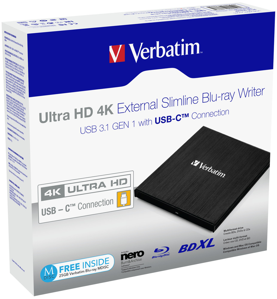 Verbatim Slimline Bluray Writer USB 31 GEN 1 USBC Ultra HD 4K 43888