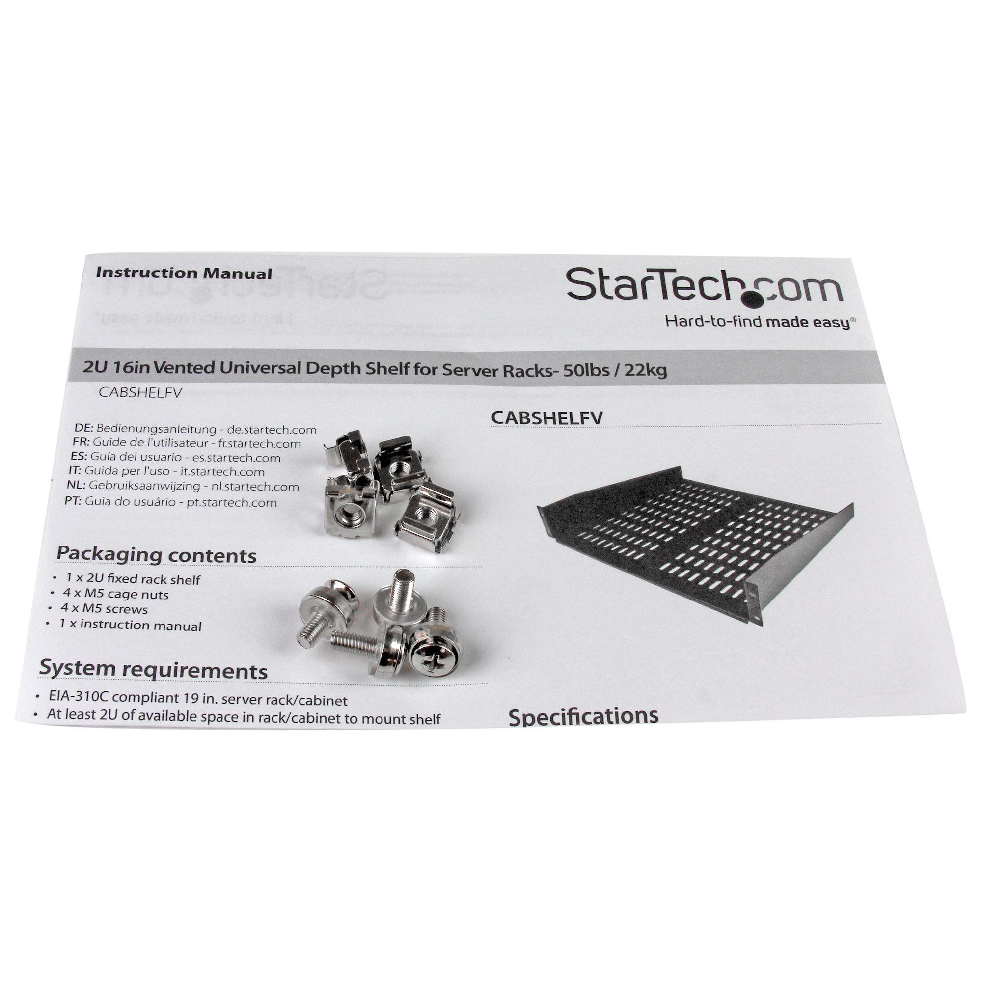 STARTECHCOM 2U 16in Universal Vented Rack Mount Cantilever Shelf Fixed Server Rack Cabinet Shelf 50lbs 22kg