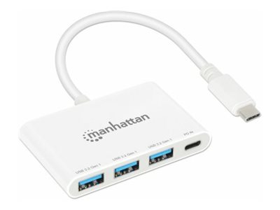 MANHATTAN 3-Port USB 3.0 Typ-C Hub USB-C-Stecker auf 3x USB-A-Buchsen und 1x Typ C 100 W PD-Buchse 5 Gbit/s USB 3.2 Gen 1 weiss