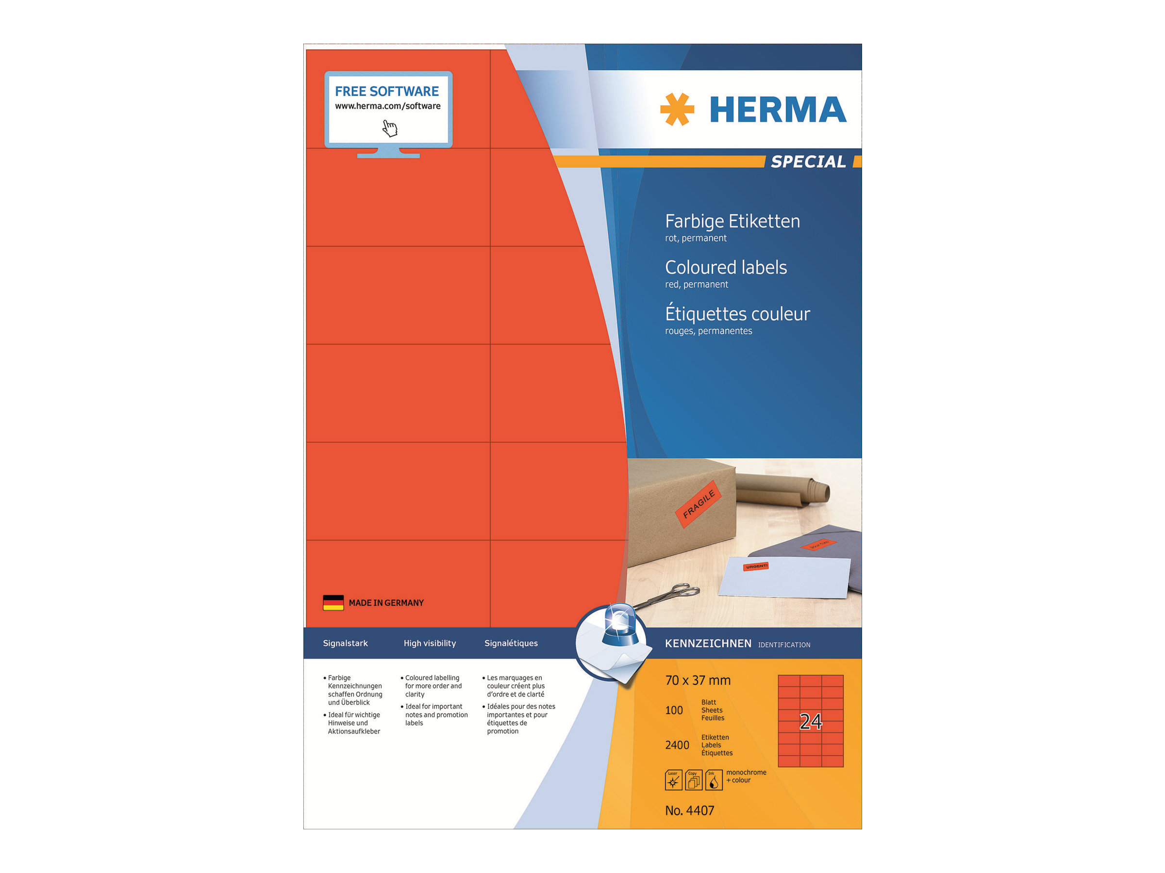2.400 HERMA Etiketten 4407 rot 70,0 x 37,0 mm 2.400 HERMA Etiketten 4407 rot 70,0 x 37,0 mm