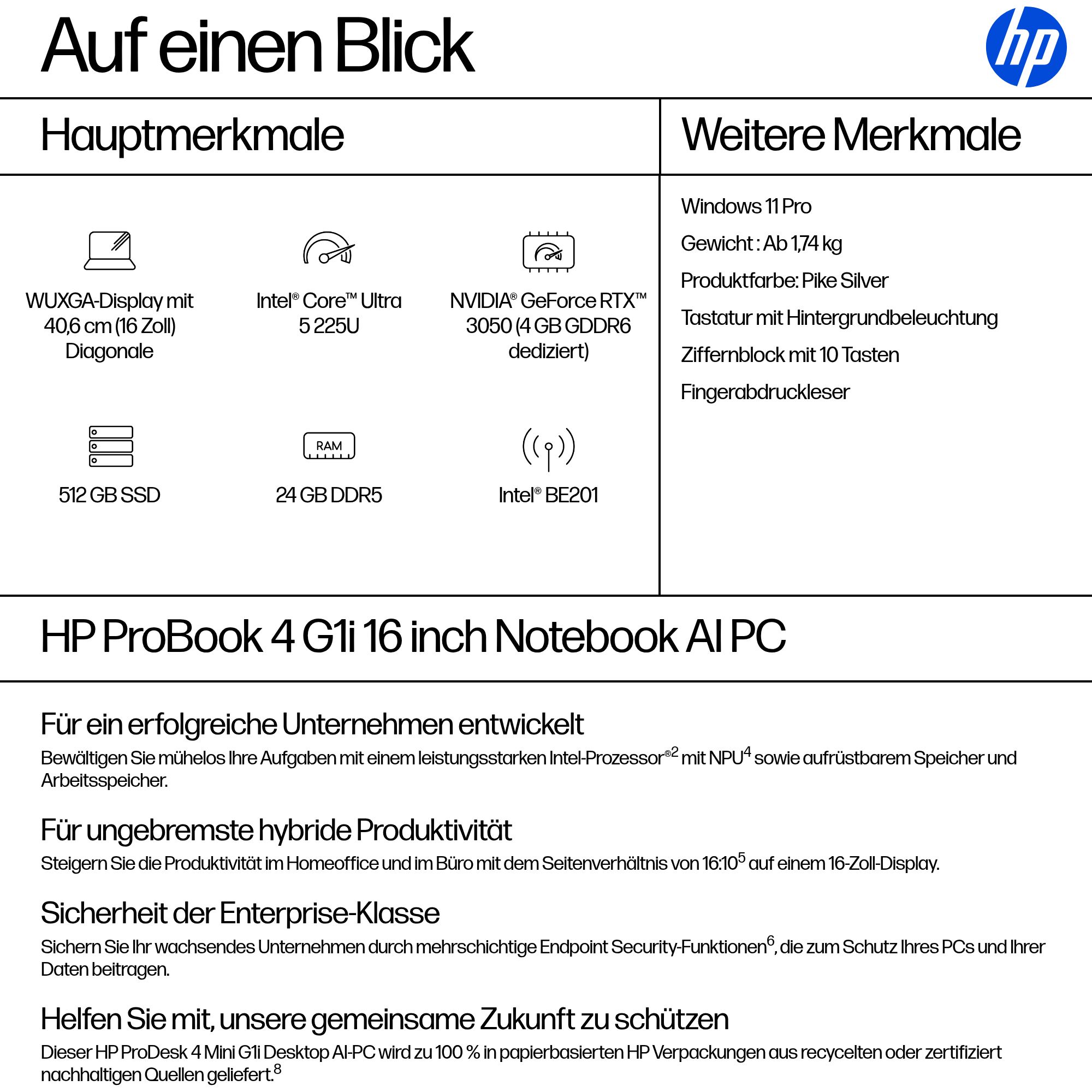 HP ProBook 4 G1i 16 Intel Core Ultra 5 225U 40,64cm 16Zoll WUXGA 24GB 512GBSSD W11P SmartBuy 1J Gar DE