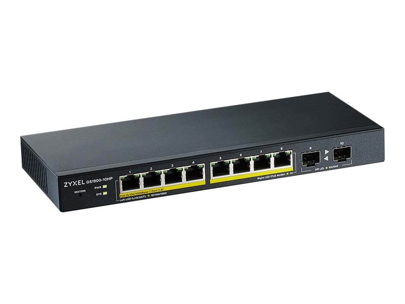 ZYXEL GS1900-10HP v2 8-port GbE L2 PoE Smart Switch + 2 SFP slots 802.3at desktop fanless 70 Watt ZYXEL GS1900-10HP v2 8-port GbE L2 PoE Smart Switch + 2 SFP slots 802.3at desktop fanless 70 Watt
