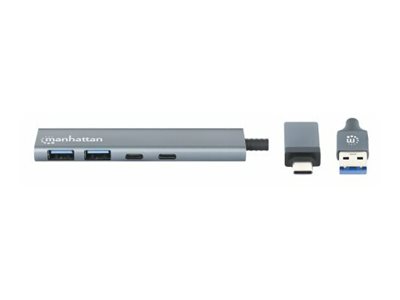 MANHATTAN 4Port USB 30 TypC TypA KomboHub USBCund USBAStecker auf zwei USBCPorts und zwei USBAPorts Strom ueber USB