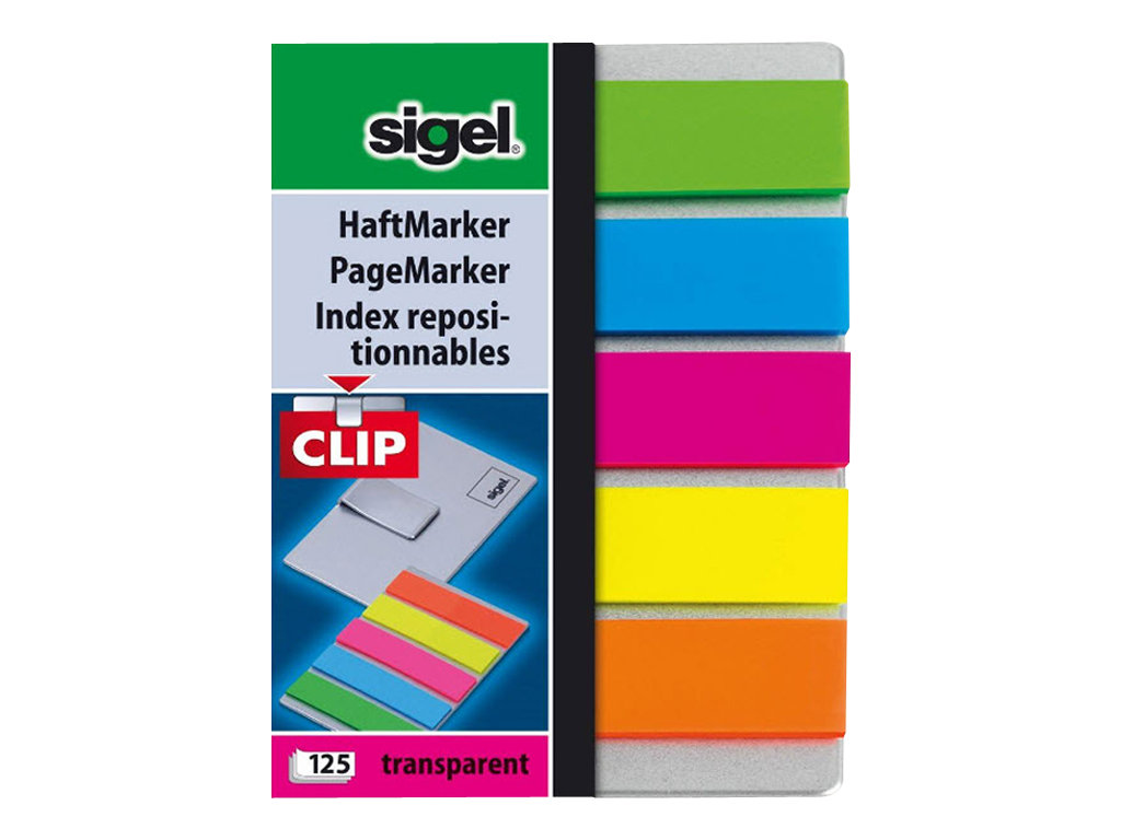 SIGEL Haftmarker transparent mit Clip Haftmarker farbsortiert 5x 25 Streifen