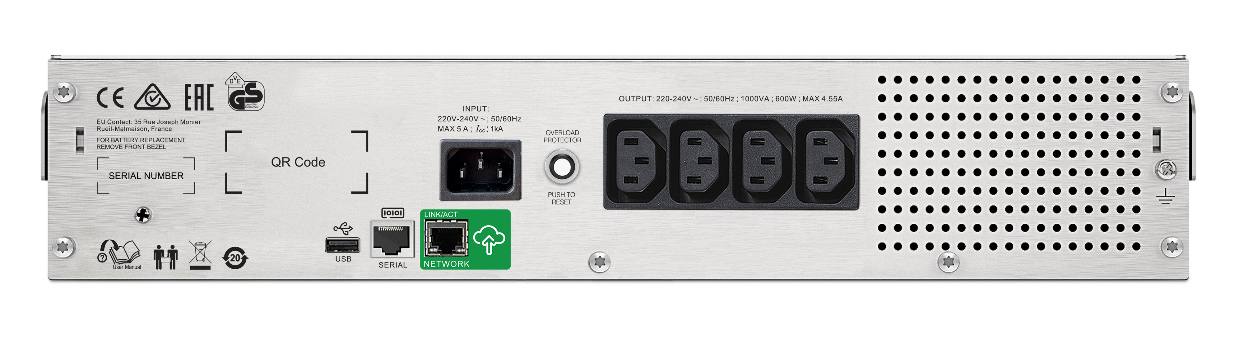 APC SmartUPS C UPS rackmountable AC 230V 600Watt 1000VA USB serial output connectors 4 2U Black with APC SmartConnect