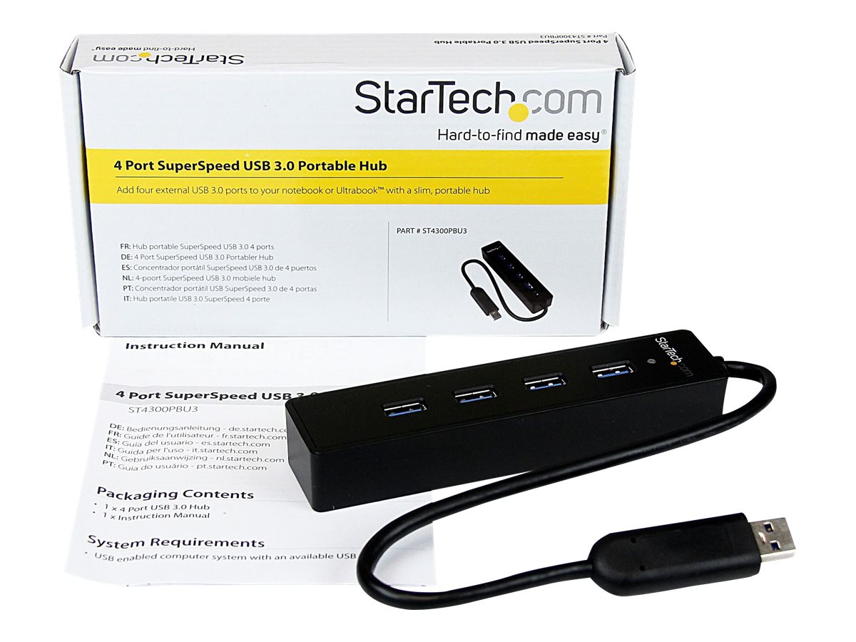 StarTech.com 4 Port USB 3.0 SuperSpeed Hub - Schwarz - Portabler externer USB Hub mit eingebautem Kabel - Hub - 4 Anschlüsse