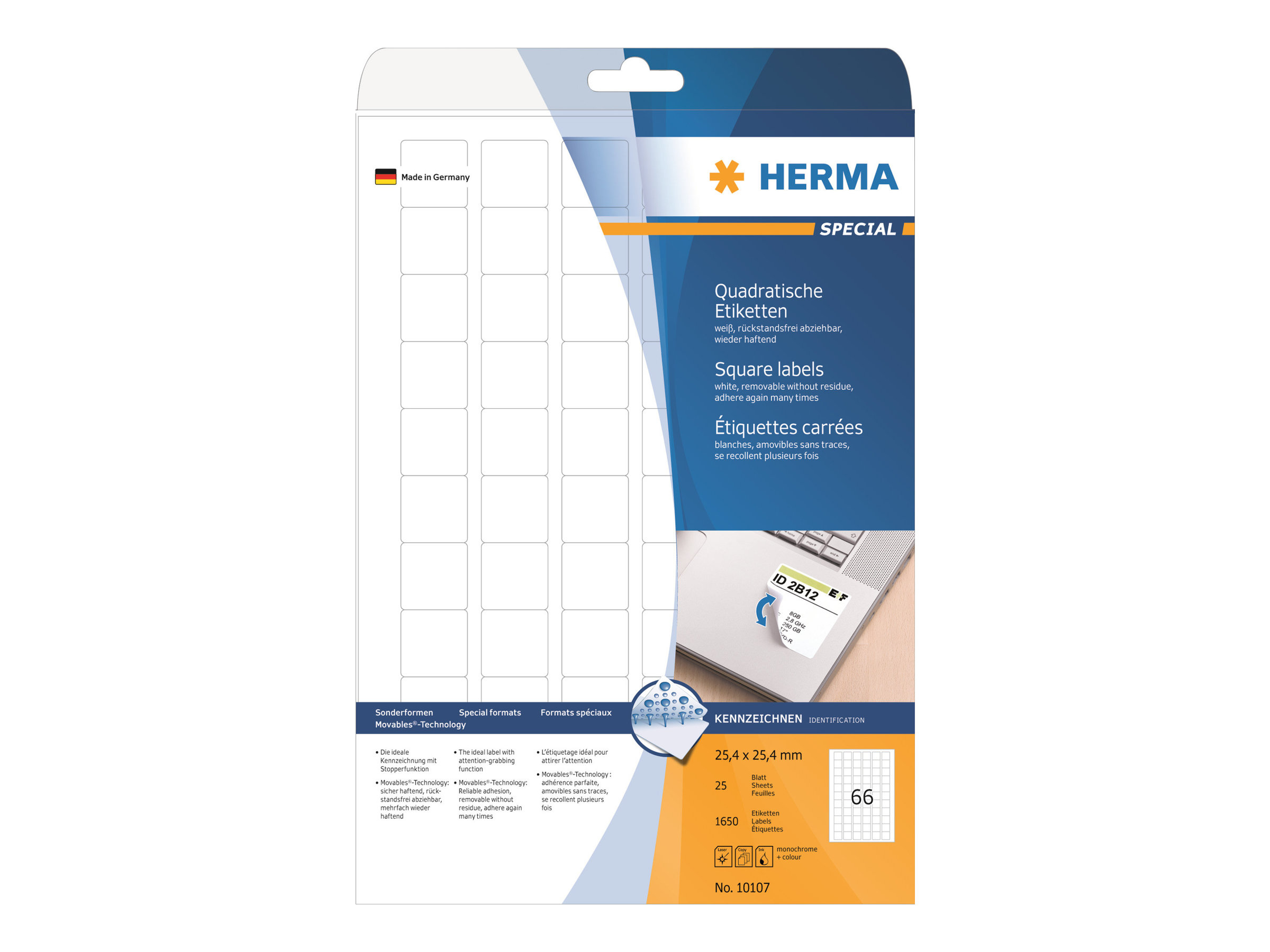 1.650 HERMA Etiketten 10107 weiÃ 25,4 x 25,4 mm