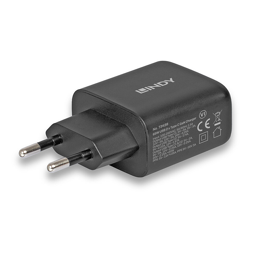 LINDY 65W USB 2 x Type C GaN Charger mit EUStecker