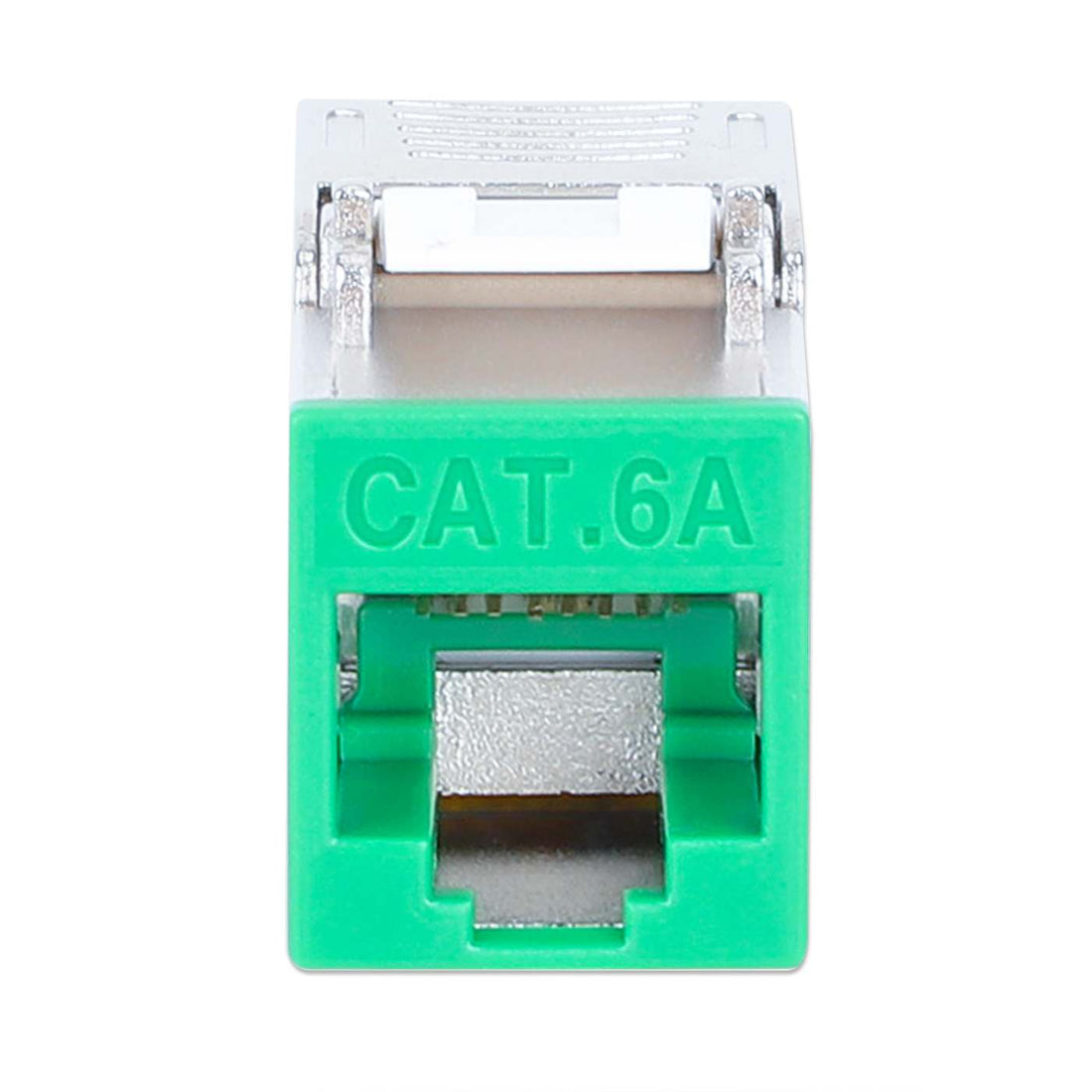 INTELLINET Cat6a 10G Slimline KeystoneModul STP werkzeuglos mit Rastclip für Massivdraht vergoldete Kontakte Metallgehäuse grün