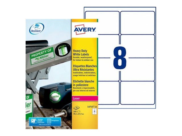 160 AVERY Zweckform wetterfeste Folienetiketten L4715-20 weiss 99,1 x 67,7 mm