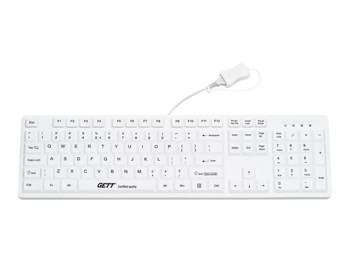 GETT GCQ CleanType Easy Protect Silikon Tastatur mit Kunststoffgehaeuse NUM-Block 105 Tasten IP68 USB Farbe: weiss Layout: US GETT GCQ CleanType Easy Protect Silikon Tastatur mit Kunststoffgehaeuse NUM-Block 105 Tasten IP68 USB Farbe: weiss Layout: US