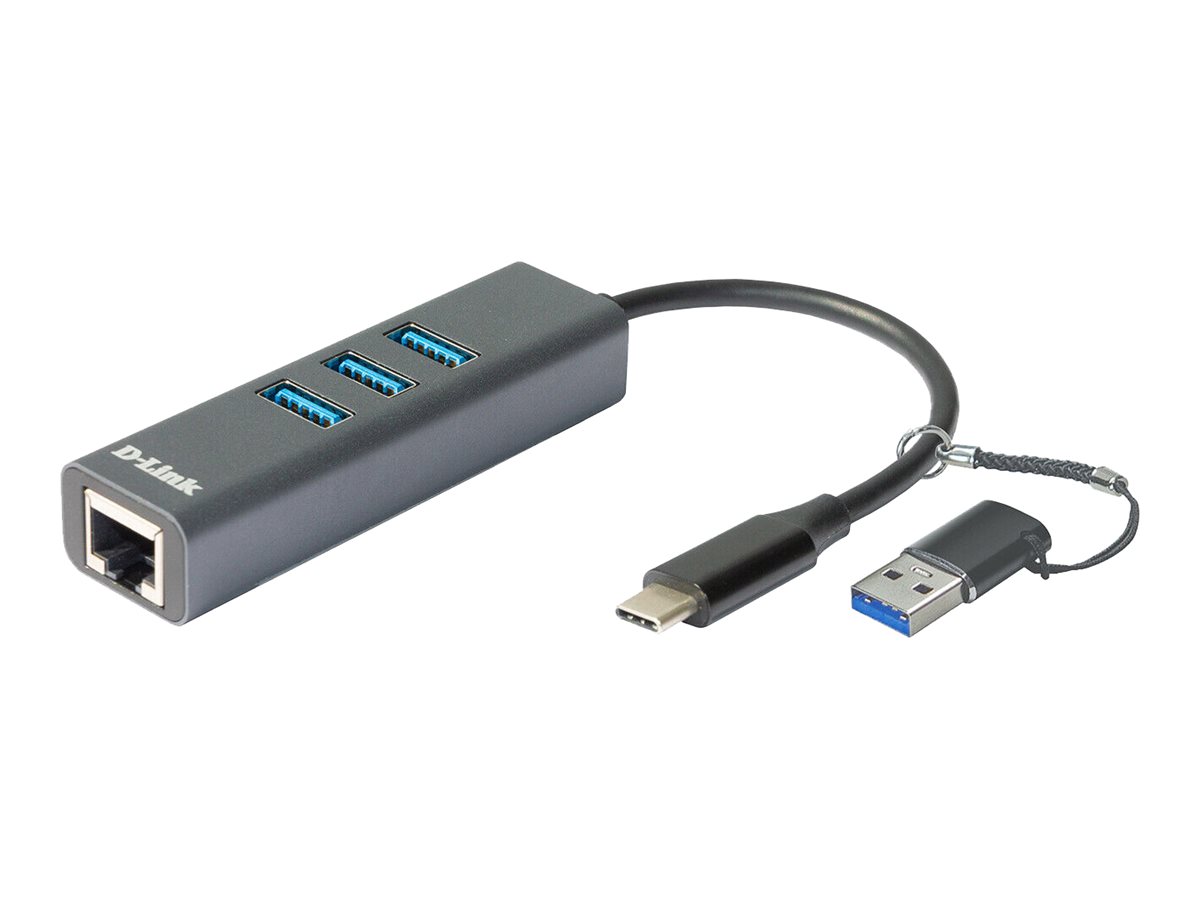 D-LINK DUB-2332 USB-C/USB Gigabit-Ethernet Adapter 3x USB-A 3.0 1x USB-C Thunderbolt 3 1x RJ-45 inkl. Adapter USB-C/USB-A