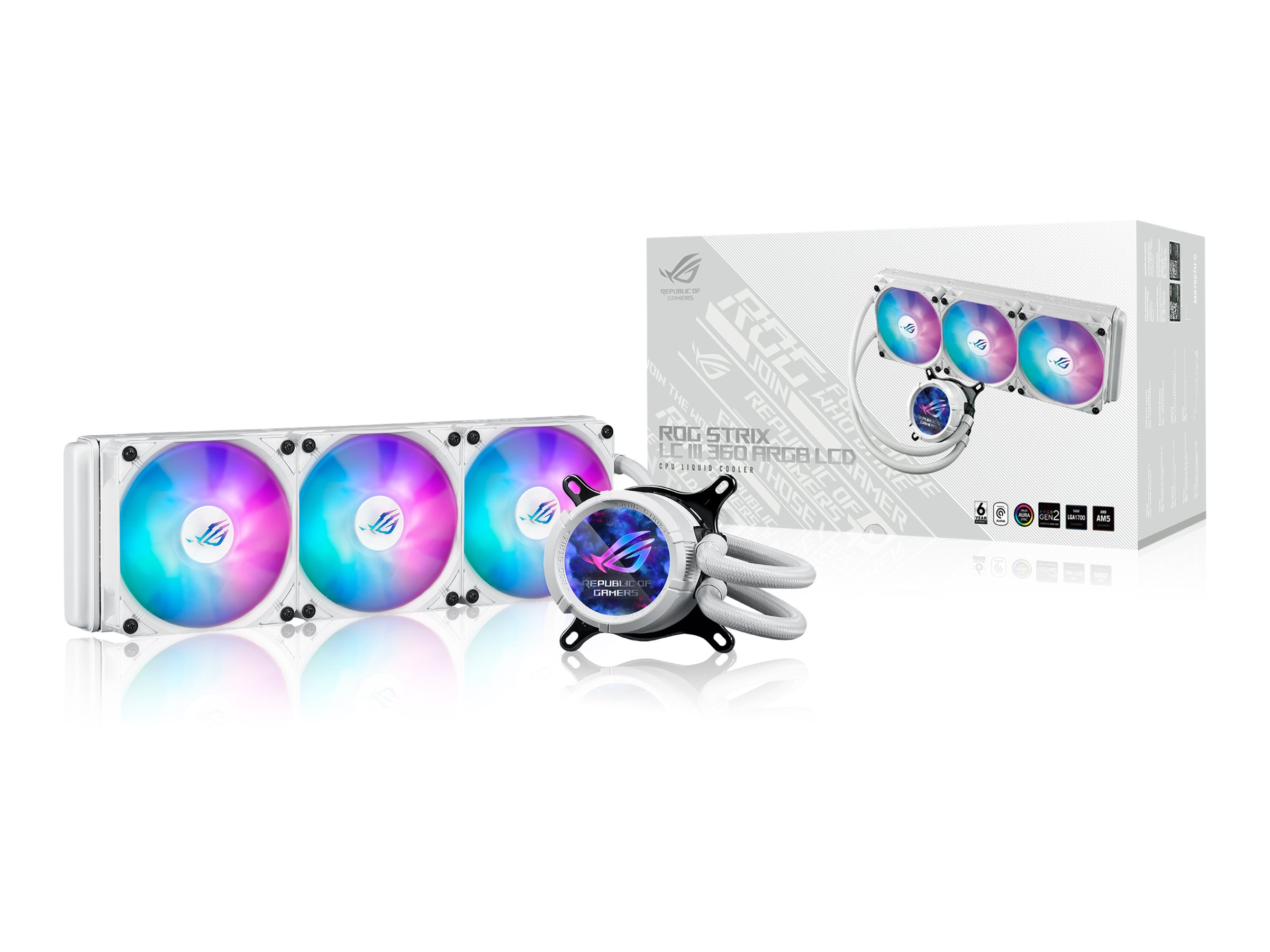 ASUS ROG Strix LC III ARGB LCD WHT allinone CPU liquid cooler with 21 IPS LCD Aseteks new Gen7 v2 pump and premium ROG ARGB fans