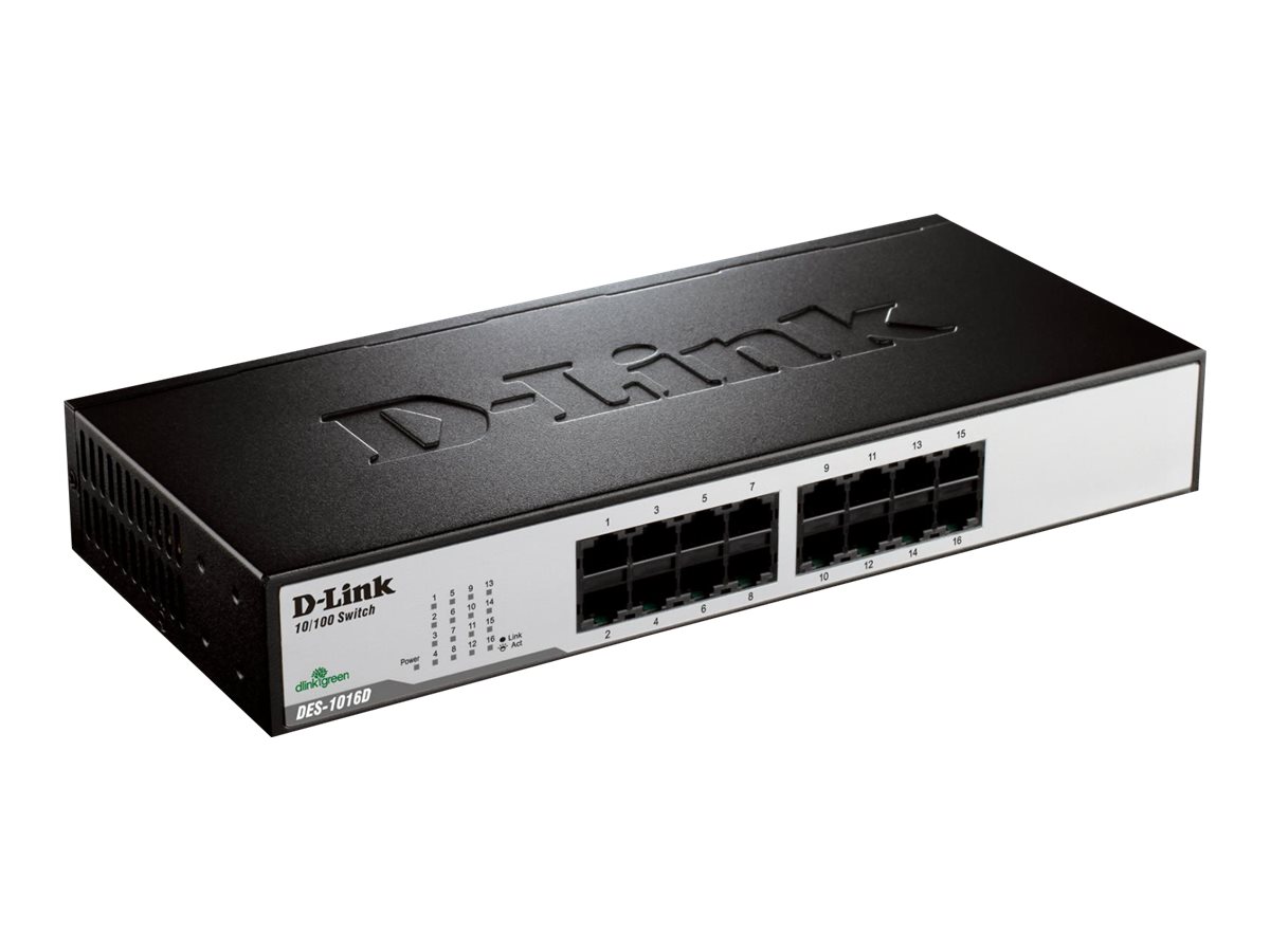 D-LINK DES-1016D 16-Port Fast Ethernet unmanaged Desktop Switch 16x RJ45 10/100 Full-Duplex bis zu 200Mbit/s