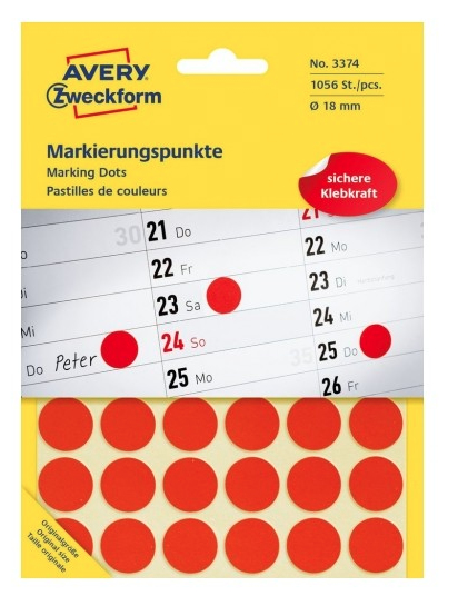 AVERY Zweckform Klebepunkte 3374 rot Ø 18,0 mm, 1.056 St. AVERY Zweckform Klebepunkte 3374 rot Ø 18,0 mm, 1.056 St.