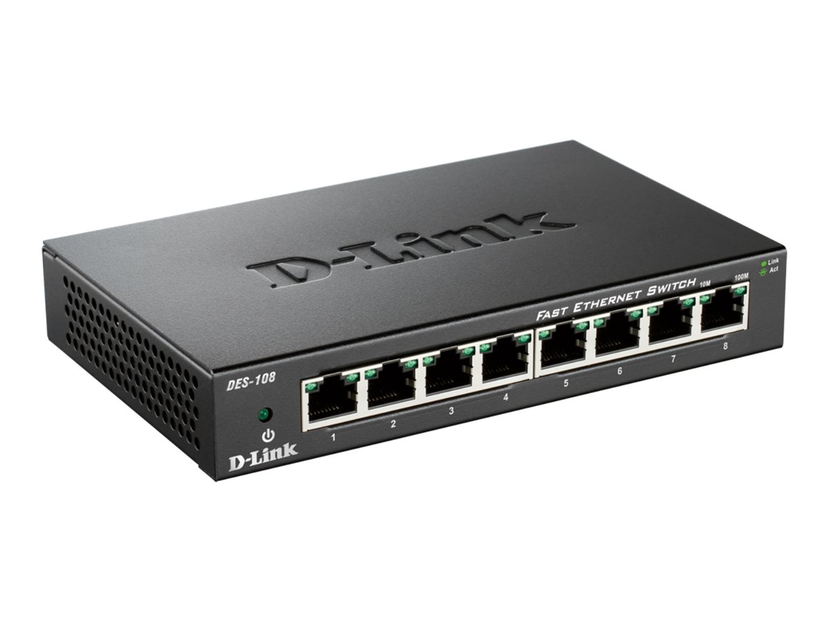 D-LINK DES-108 8?Port Layer2 Fast Ethernet Switch 8x 10/100 Mbit/s Metallgehäuse Autosensing MDI/MDIX-Anpassung