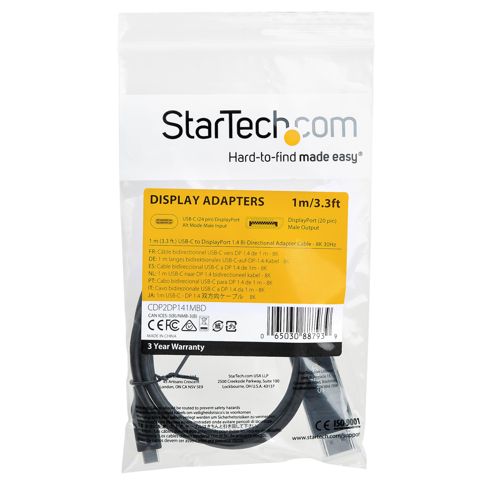 STARTECHCOM 33 ft 1m USB C to DisplayPort 14 CableBidirectional 8K 30 HBR3 Thunderbolt 3 USBC Adapter Cable