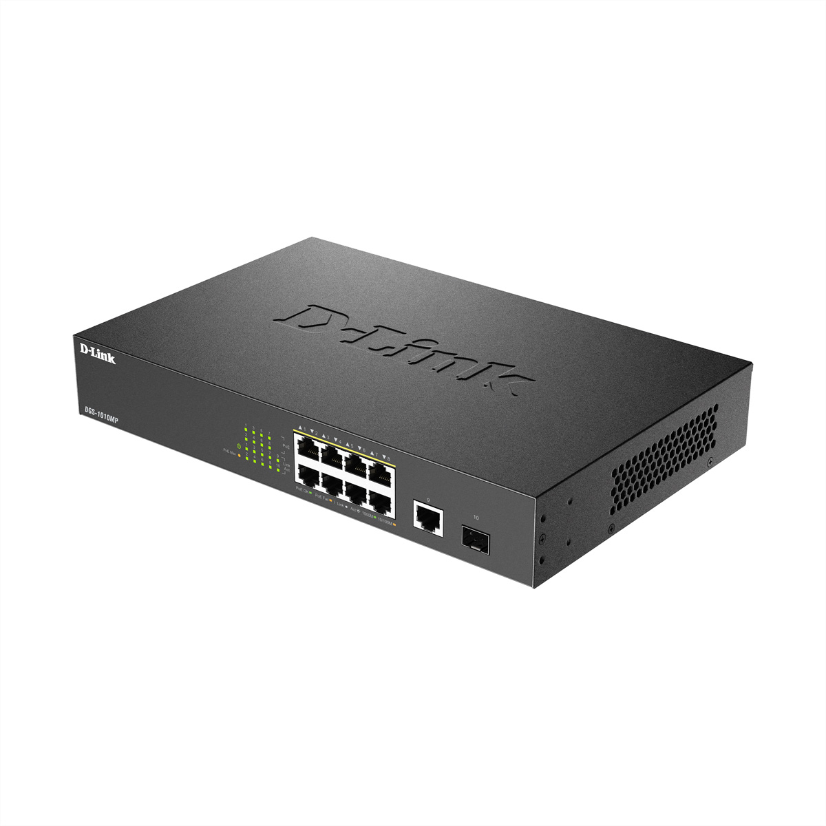 DLINK DGS1010MP 10Port Layer2 PoE Gigabit Switch 8x 101001000 Mbps PoE 1x 101001000 Mbps 1x SFP PoE Power Budget 125W