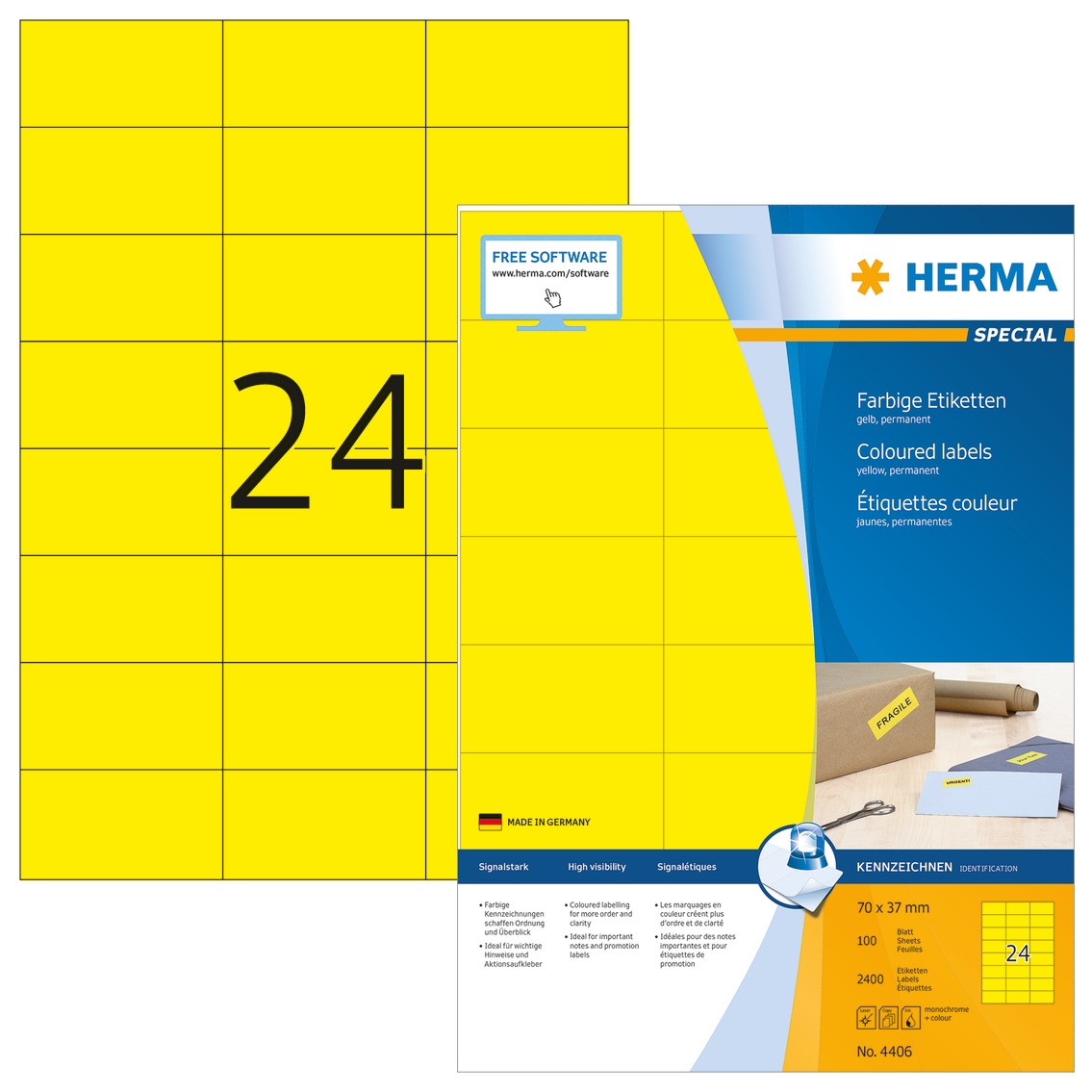 2.400 HERMA Etiketten 4406 gelb 70,0 x 37,0 mm 2.400 HERMA Etiketten 4406 gelb 70,0 x 37,0 mm