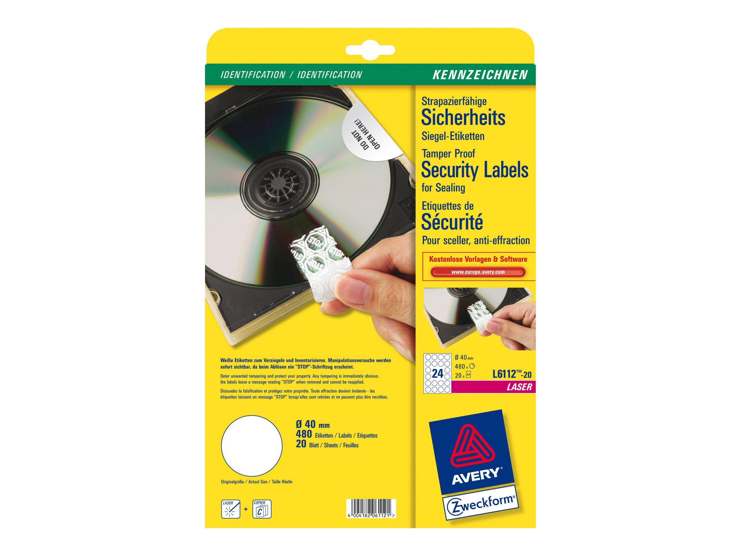 480 AVERY Zweckform Sicherheitsetiketten L6112-20 weiss 40,0 x 40,0 mm