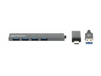 MANHATTAN 4-Port USB 3.0 Typ-C/-A Hub USB-C und USB-A-Stecker auf 4x USB-A-Buchsen 5 Gbit/s USB 3.2 Gen 1 Strom über USB Space Grau