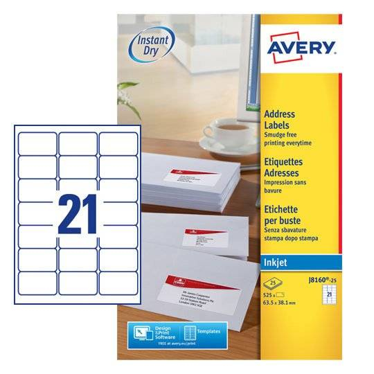 525 AVERY Zweckform Adressetiketten J8160-25 weiss 63,5 x 38,1 mm
