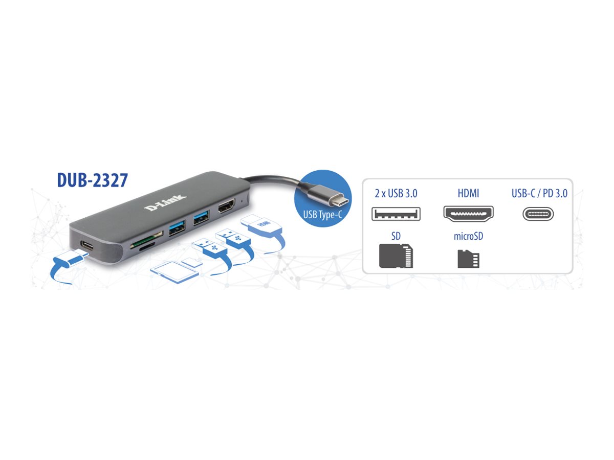 D-LINK DUB-2327 6-in-1 USB-C Hub 1x HDMI 1x USB-C 60W 2x USB-A 3.0 Dual-Slot SD/microSD/SDHC/SDXC Aluminiumlegierung