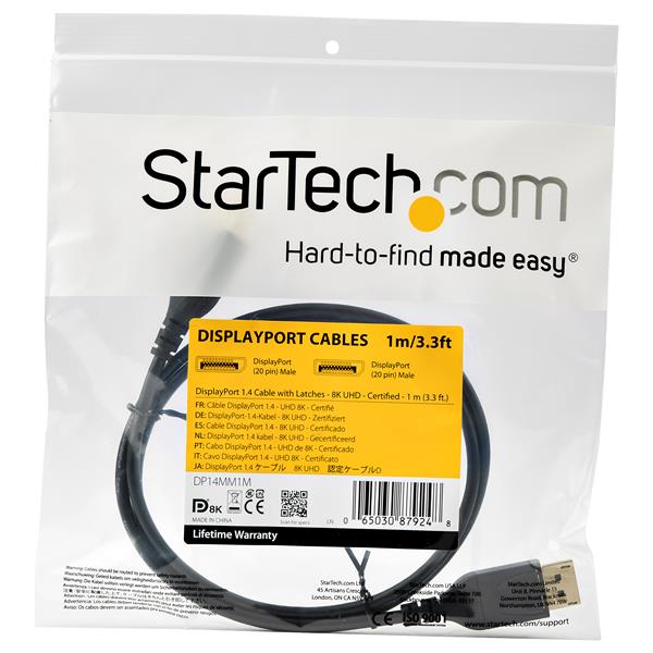 STARTECHCOM DisplayPort 14 Cable 33 ft 1m VESA Certified 8K60Hz HBR3 HDR DP to DP Mon Cable 8K DisplayPort Cable