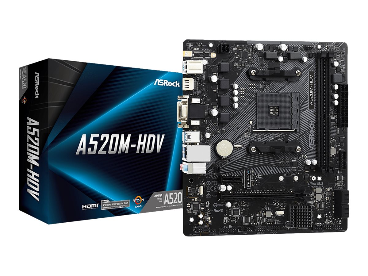 ASRock A520M-HDV - Motherboard - micro ATX - Socket AM4 - AMD A520 Chipsatz - USB 3.2 Gen 1 - Gigabit LAN - Onboard-Grafik (CPU erforderlich)