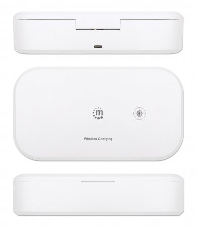MANHATTAN UVDesinfektionsbox mit 10W Wireless Charger Sterilisator mit UVLicht fuer Handys Masken Kreditkarten und mehr weiss