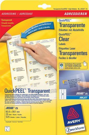 525 AVERY Zweckform Folien-Adressetiketten J8560-25 transparent 63,5 x 38,1 mm 525 AVERY Zweckform Folien-Adressetiketten J8560-25 transparent 63,5 x 38,1 mm