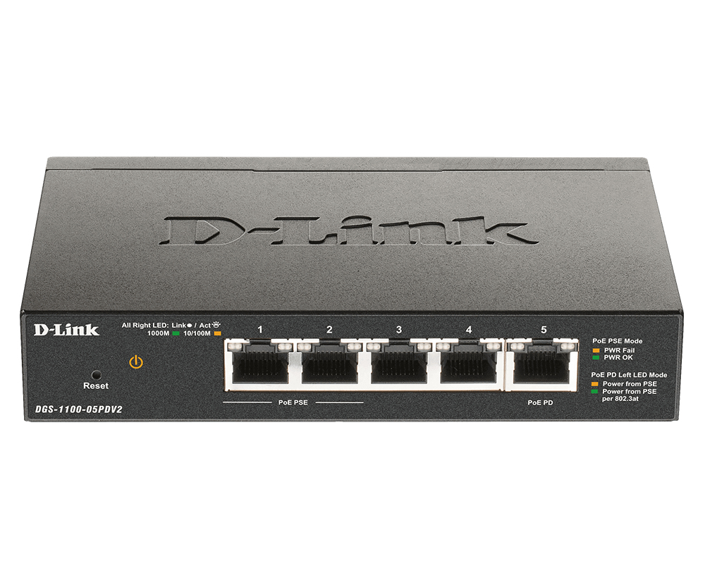 DLINK DGS110005PDV2 5Port Gigabit PoEpowered PoE Smart Switch 5x 101001000Mbits 1x PD Port 2x 8023af Port ohne Netzteil