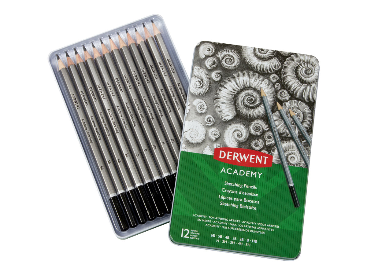 DERWENT Academy Sketching Bleistift-Set B, H, HB, 2H, 2B, 5H, 4H, 3H, 3B, 4B, 5B, 6B grau, 12 St.