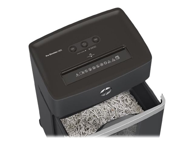 HP Pro Shredder 15CC Aktenvernichter mit Partikelschnitt P-4, 4 x 35 mm, bis 15 Blatt, schwarz HP Pro Shredder 15CC Aktenvernichter mit Partikelschnitt P-4, 4 x 35 mm, bis 15 Blatt, schwarz