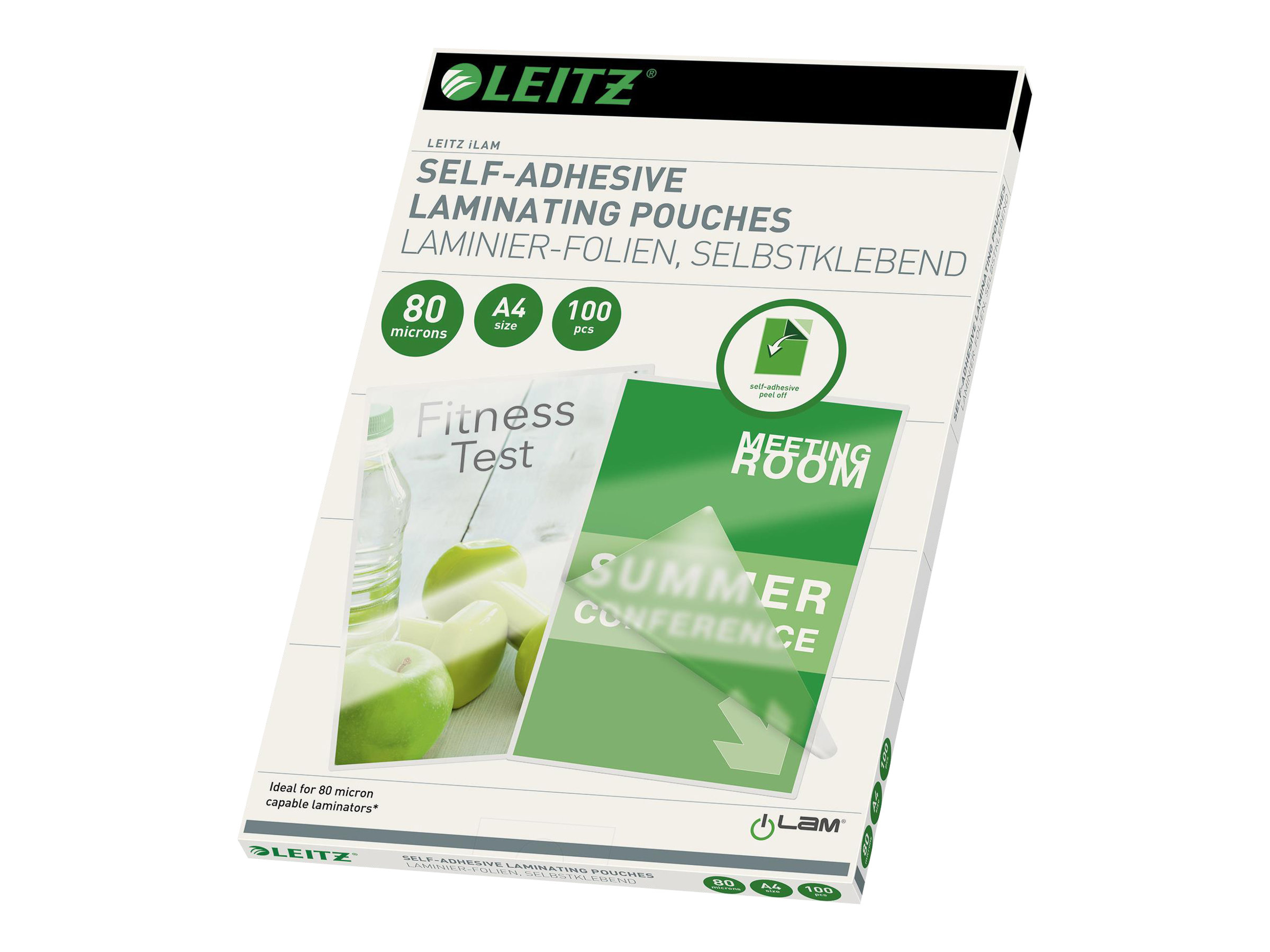 100 LEITZ Laminierfolien glänzend für A4 80 micron selbstklebender Rücken 100 LEITZ Laminierfolien glänzend für A4 80 micron selbstklebender Rücken