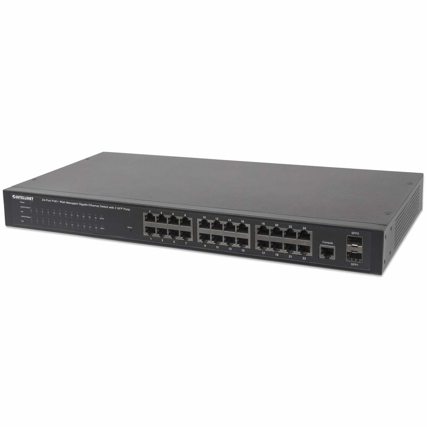 INTELLINET 24Port PoE Gigabit Switch WebManaged 2 GBIC SFP Ports Ausgangsleistung bis zu 30 Watt pro Port PoE IEEE 8023ataf