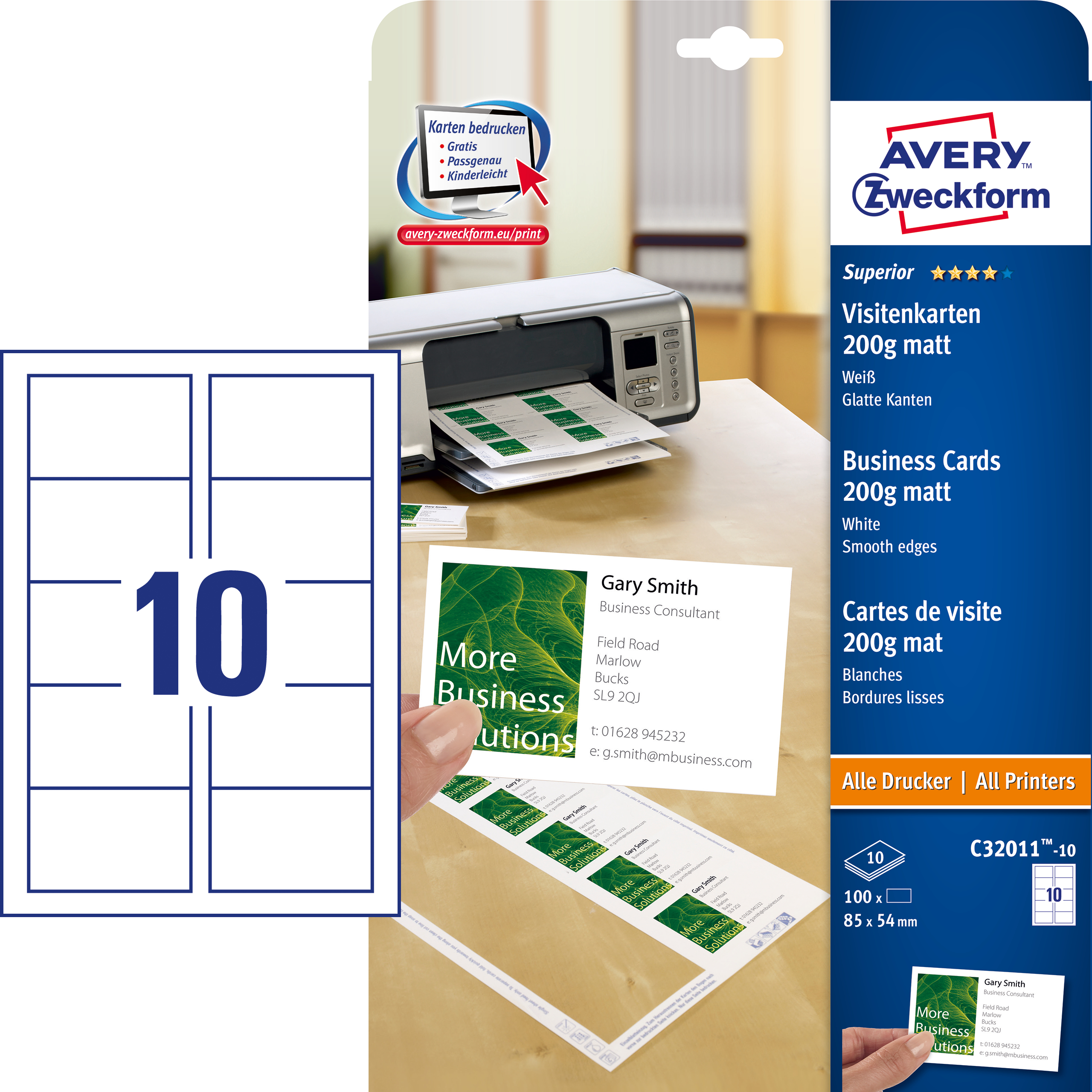 100 AVERY Zweckform Visitenkarten C32011-10 matt weiÃ 200 g/qm