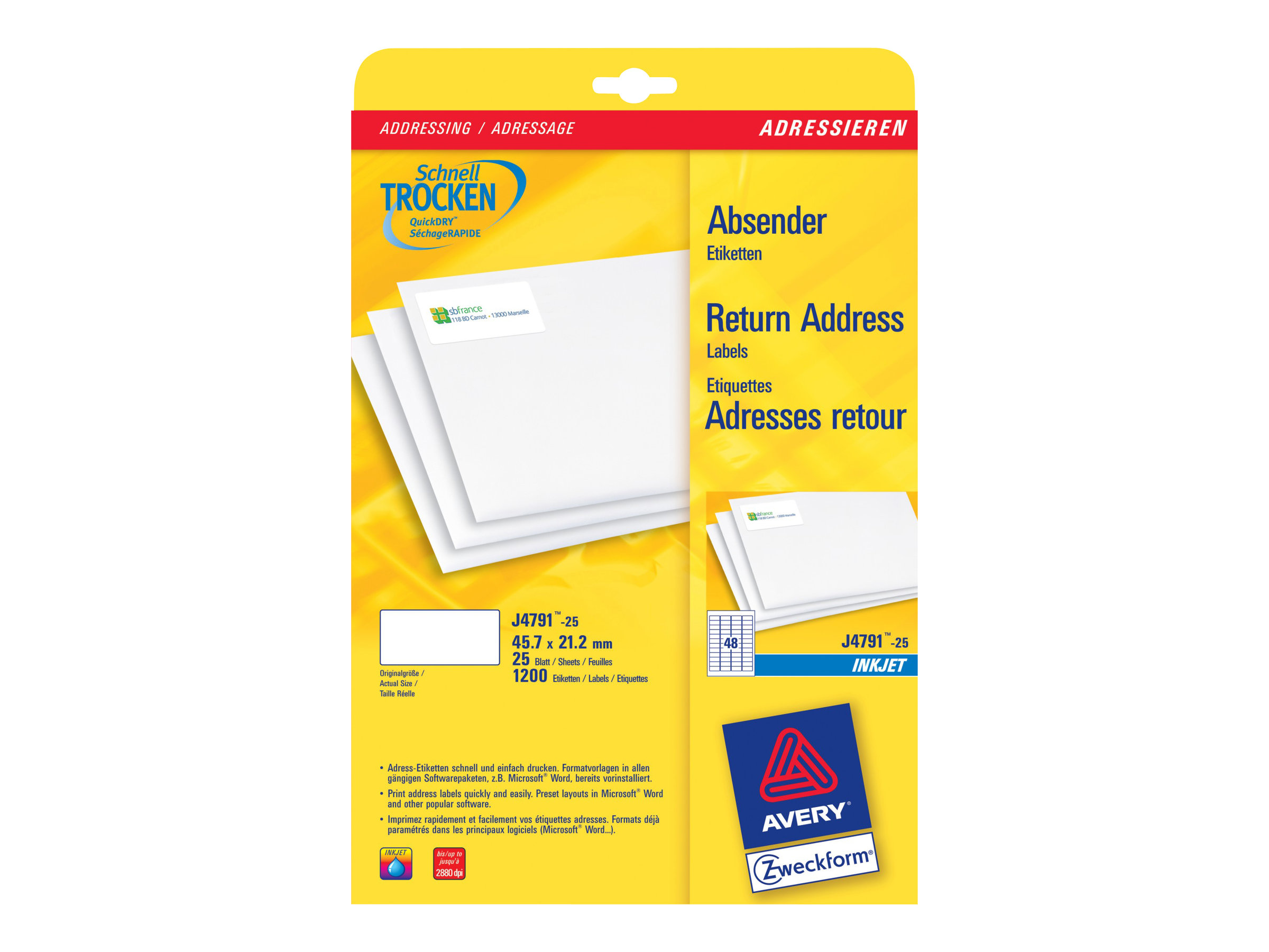 1.200 AVERY Zweckform Adressetiketten J4791-25 weiÃ 45,7 x 21,2 mm