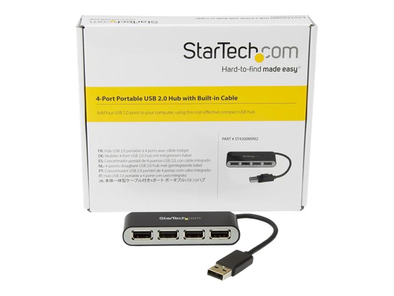 StarTech.com Mobiler 4-Port-USB 2.0-Hub mit integriertem Kabel - Kompakter Mini USB Hub - Hub - 4 Anschlüsse