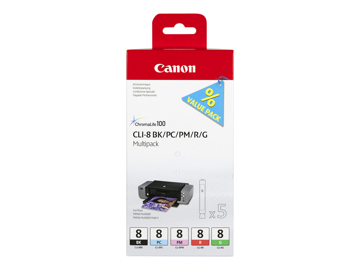CANON CLI-8 BK, PC, PM, R, G Tinte schwarz und vier Farben Standardkapazität combopack blister mit Alarm