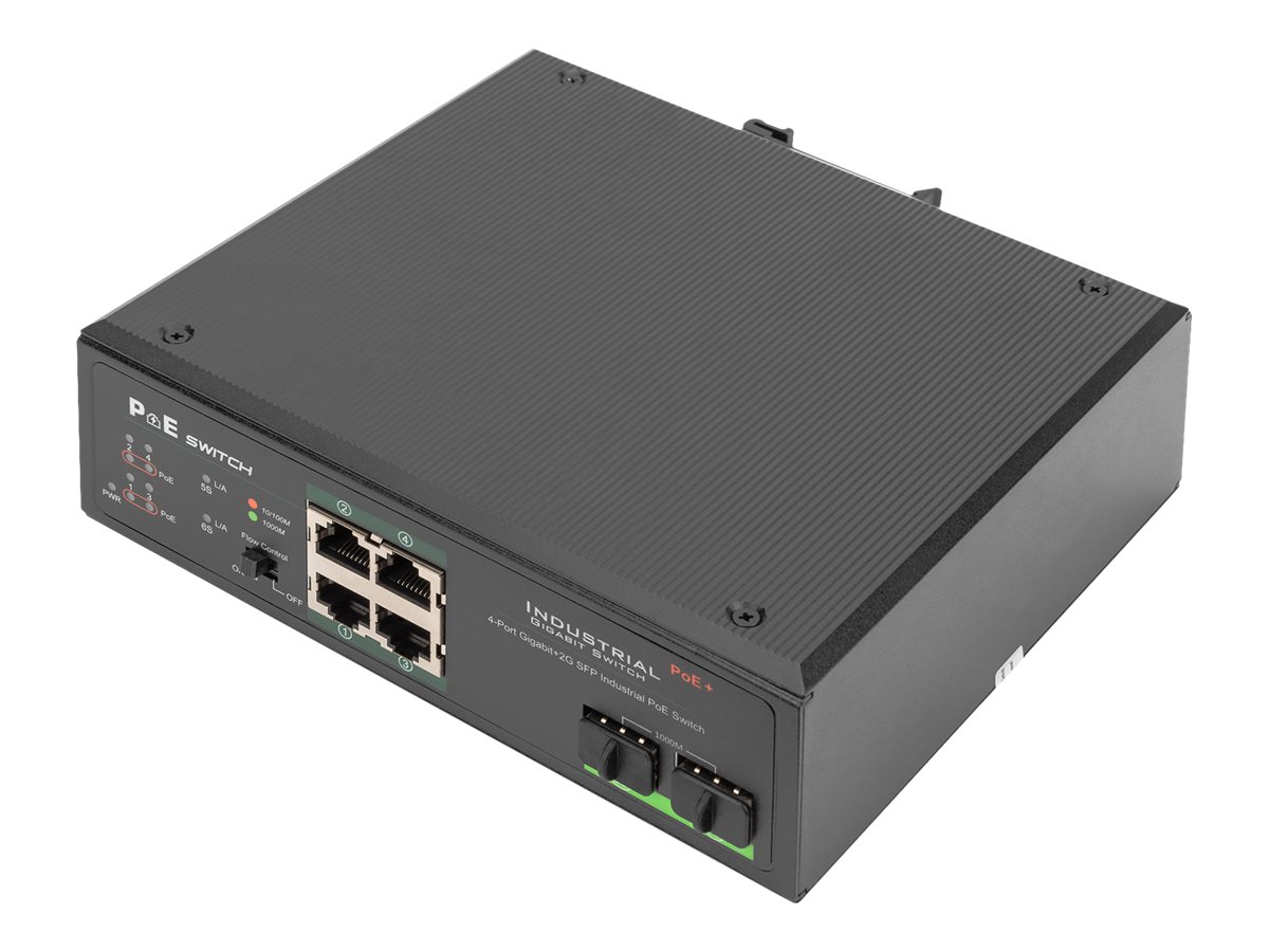 ASSMANN Industrieller 4-Port Gigabit PoE+ Switch mit 2 x SFP Uplink
