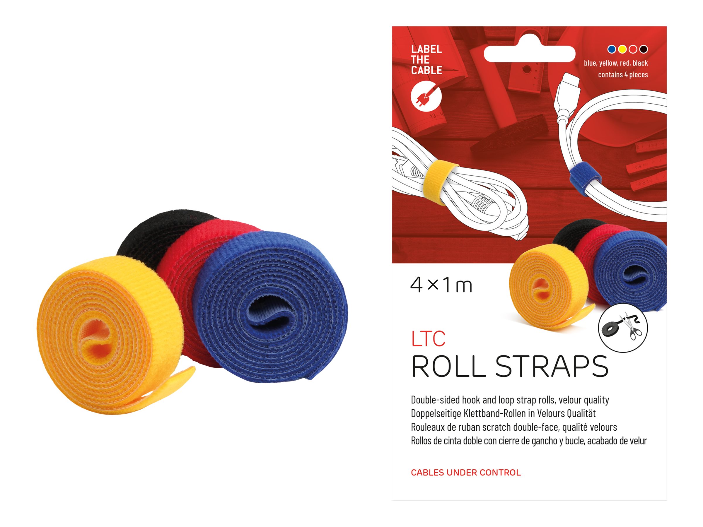 LABEL THE CABLE Klettband ROLL STRAPS farbsortiert 1,0 m x 1,6 cm, 4 St