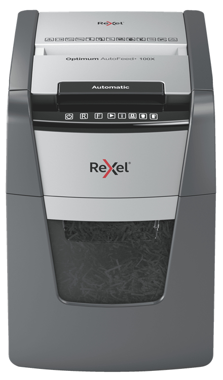 Rexel Optimum AutoFeed100X Aktenvernichter mit Partikelschnitt P4, 4 x 28 mm, bis 100 Blatt, schwarz