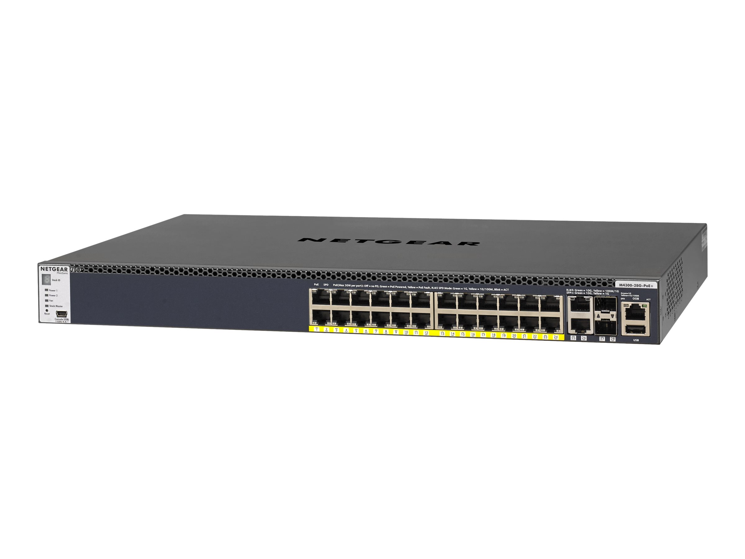 NETGEAR M4300-28G-PoE+ 1,000W PSU stackl.mgd.Switch mit 24x1G PoE+ and 4x10G incl. 2x10GBASE-T und 2xSFP+ Layer 3 GSM4328PB NETGEAR M4300-28G-PoE+ 1,000W PSU stackl.mgd.Switch mit 24x1G PoE+ and 4x10G incl. 2x10GBASE-T und 2xSFP+ Layer 3 GSM4328PB