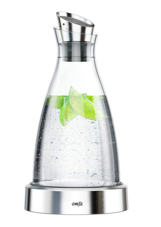 Emsa 505219 Flow K?hlkaraffe Formsch?nes Design K?hlleistung f?r 4h K?hlpad Glas und Edelstahl Transparent 1 Liter, 14 x14x30cm