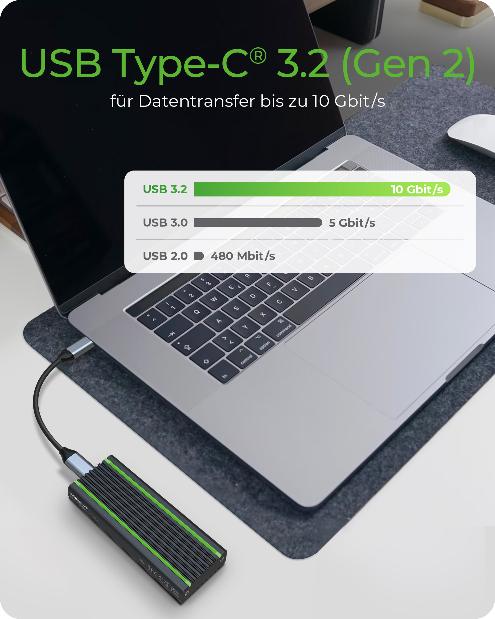 ICY BOX IB1824MLC31 Externes USBC 32 Gehaeuse fuer M2 NVMe SSD mit LEDBeleuchtung