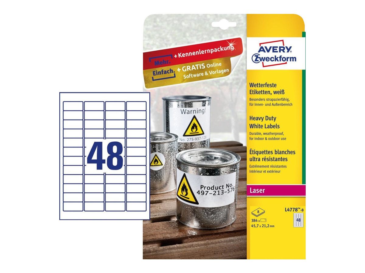 384 AVERY Zweckform wetterfeste Folienetiketten L4778-8 weiss 45,7 x 21,2 mm 384 AVERY Zweckform wetterfeste Folienetiketten L4778-8 weiss 45,7 x 21,2 mm