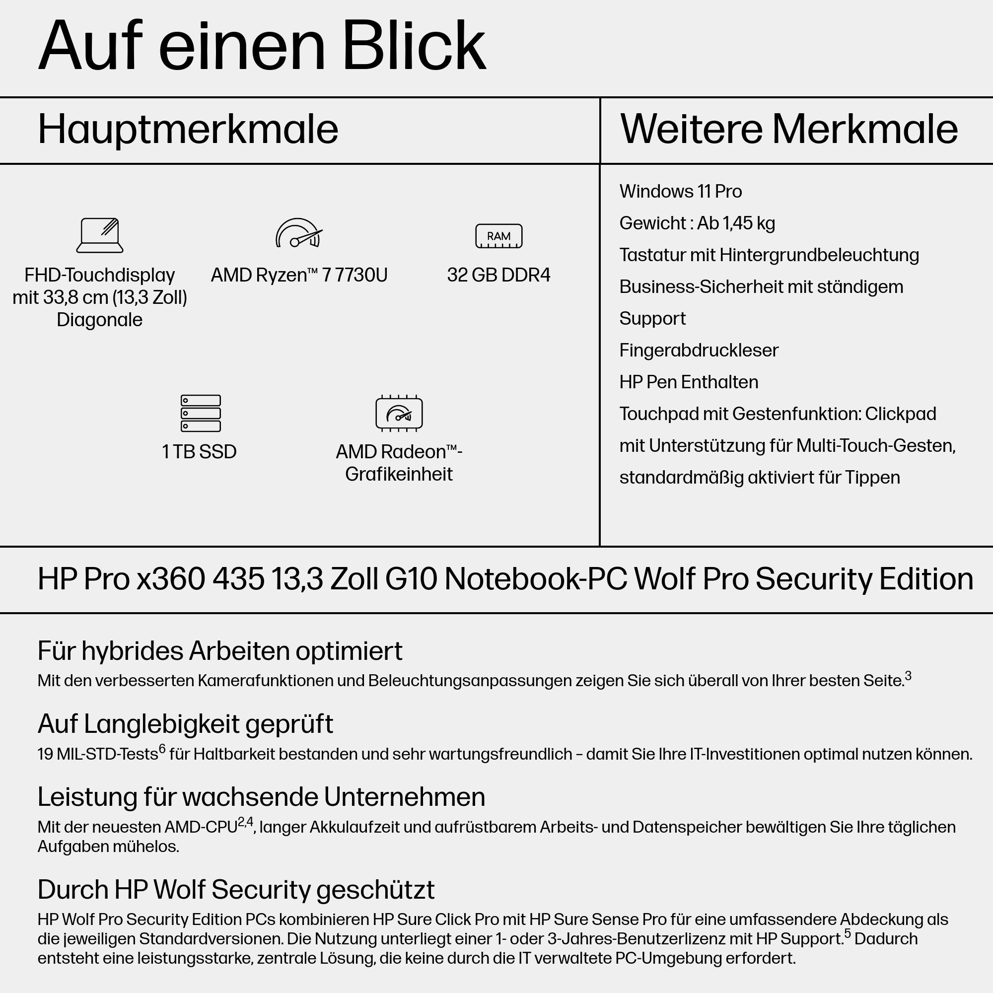 HP Pro x360 435 G10 AMD Ryzen 7 7730U 33,8cm 13,3Zoll FHD BV 400 Touch 2x16GB 1TBPCIe NVMeSSD UMA WiFi 6E BT FPR W11P 3J Gar DE