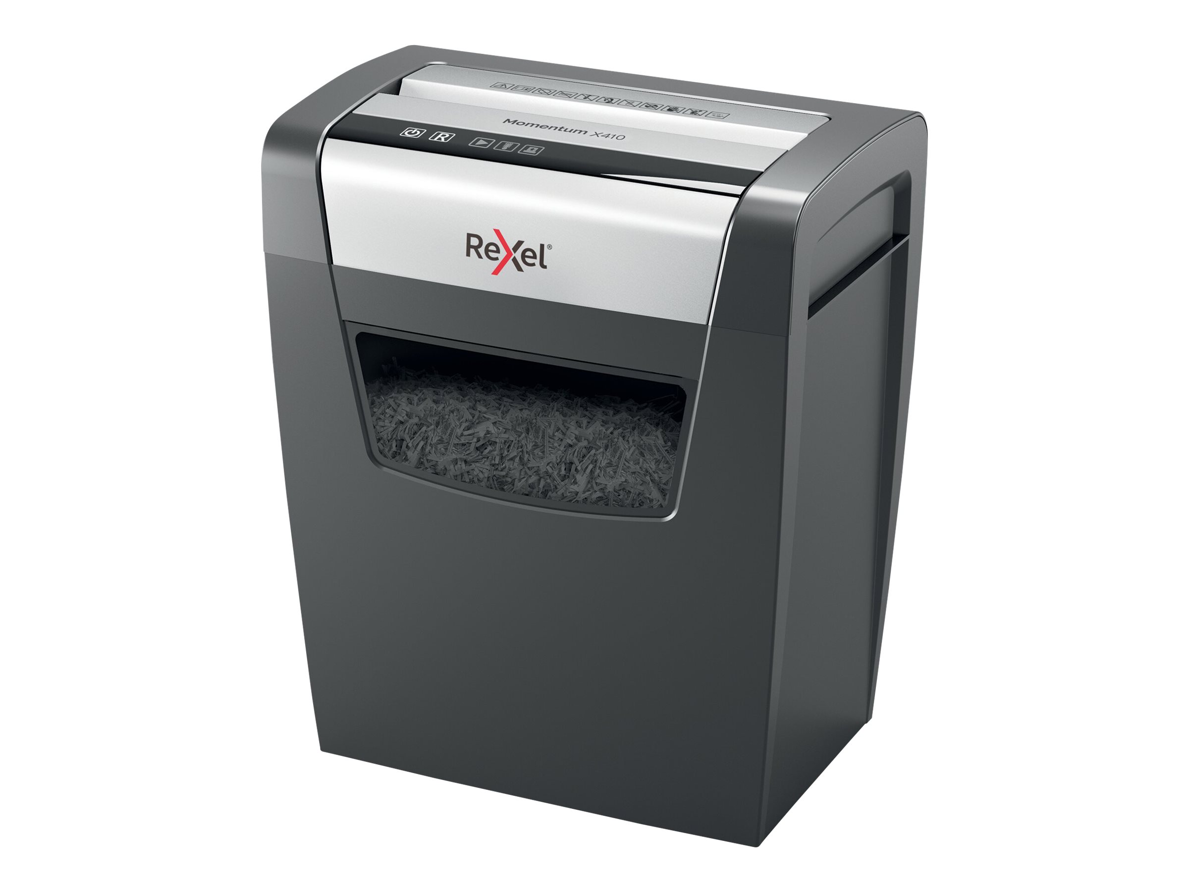 Rexel Momentum X410 Aktenvernichter mit Partikelschnitt P-4, 4 x 28 mm, bis 10 Blatt, schwarz Rexel Momentum X410 Aktenvernichter mit Partikelschnitt P-4, 4 x 28 mm, bis 10 Blatt, schwarz