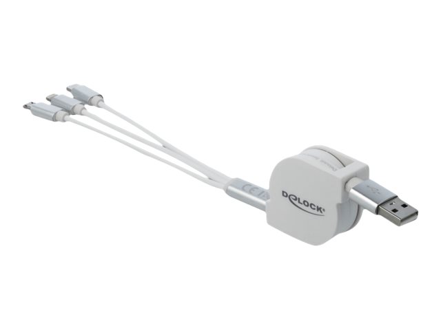 Delock USB 3 in 1 Aufrollladekabel fuer 8 Pin / Micro USB / USB Type-C weiss Delock USB 3 in 1 Aufrollladekabel fuer 8 Pin / Micro USB / USB Type-C weiss